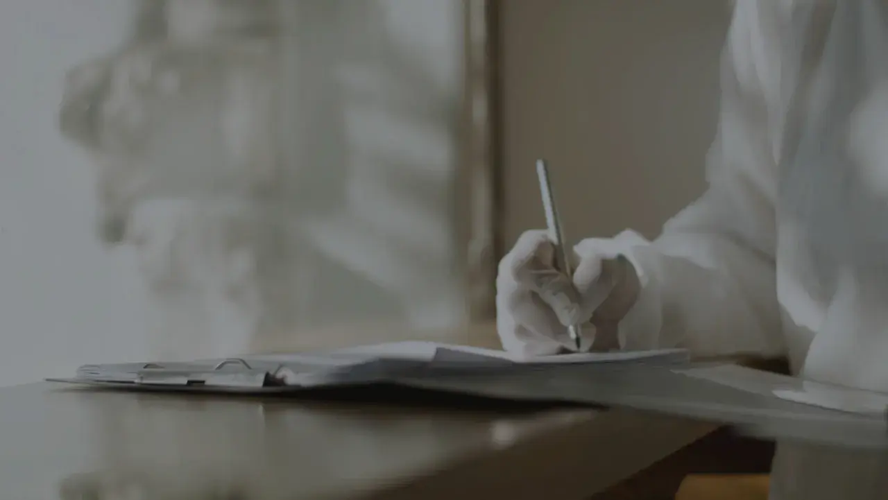 Ręka w rękawiczce pisze na papierze. Czy to notatki o tym, **kadm co to** jest i jego wpływie na zdrowie?