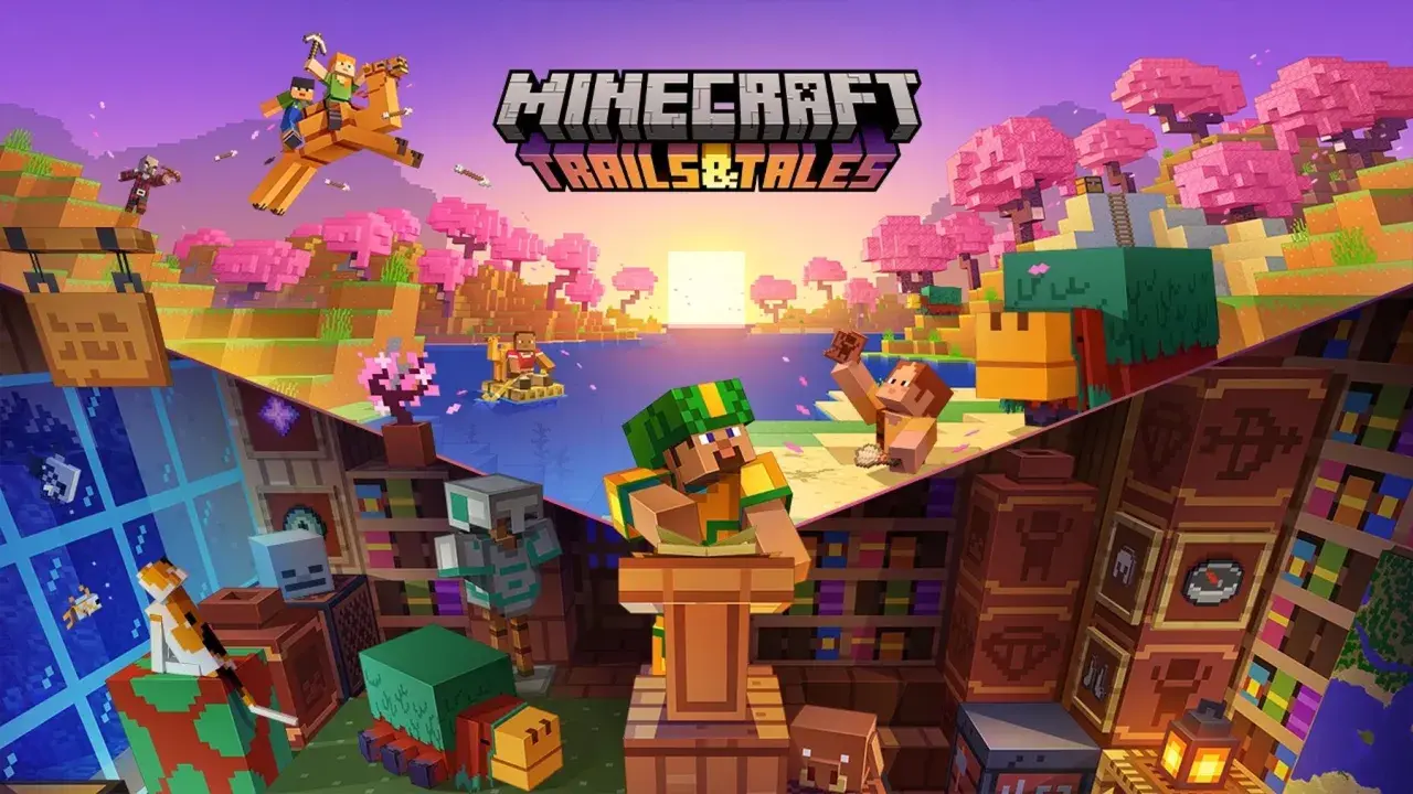 Postacie z Minecraft 1.20 Trails & Tales eksplorują świat pełen różowych drzew, jezior i bibliotek.
