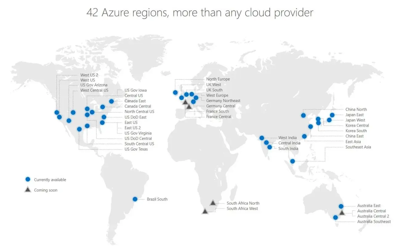 Carte mondiale des 42 régions Azure de Microsoft, incluant des data centers en Amérique du Nord, Europe, Asie et Australie.