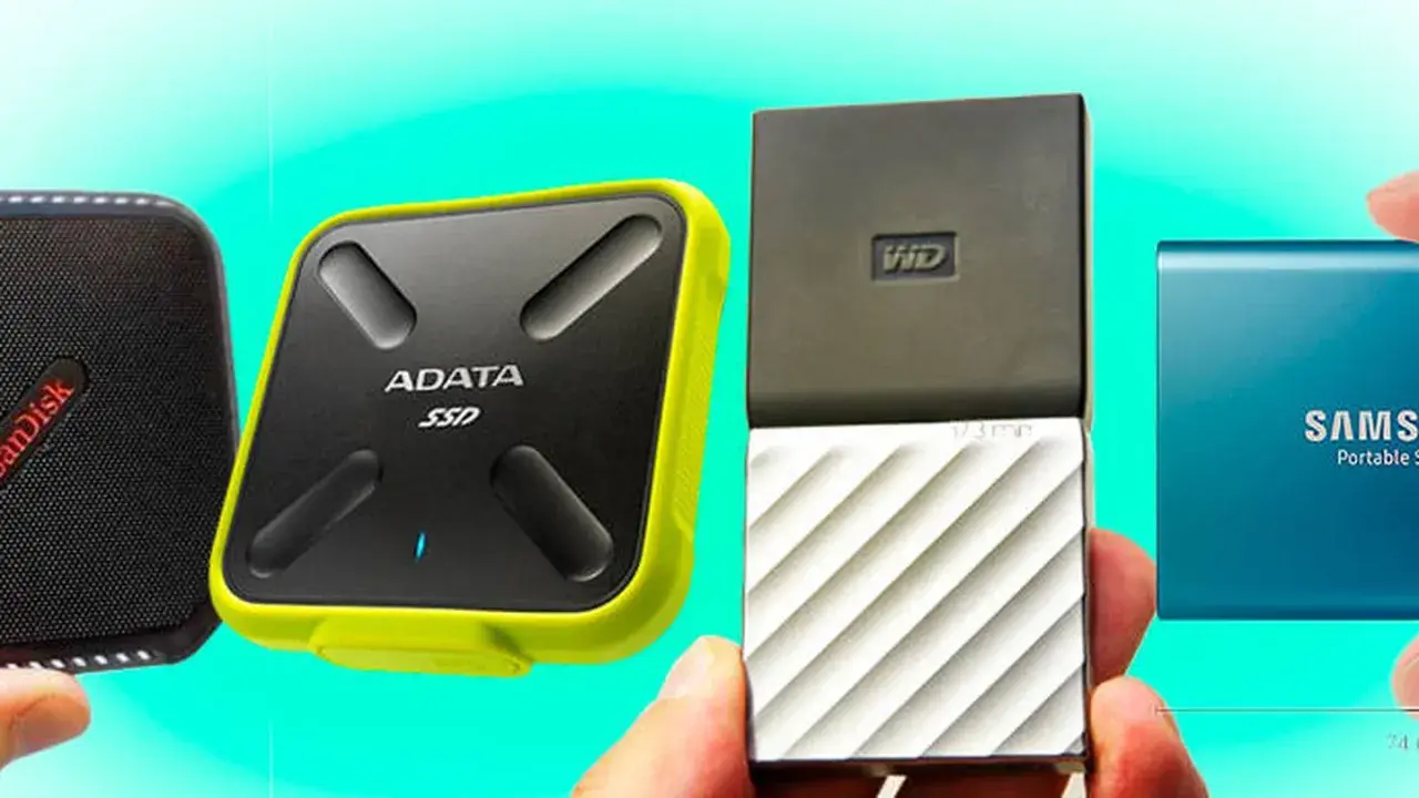 Cuatro discos duros portátiles: SanDisk, ADATA SSD, WD y Samsung. ¡Tu información segura, como un disco duro nube!