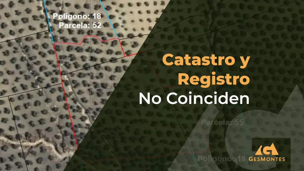 Mapa aéreo con polígonos y parcelas. El texto indica "Catastro y Registro No Coinciden", sugiriendo un problema al inmatricular una finca.