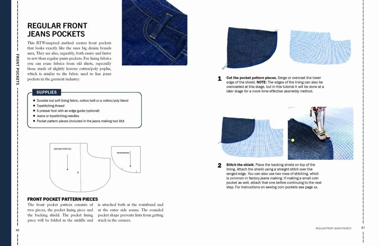 Free jeans sewing pattern for regular front pockets. Includes supplies and pattern pieces for a professional finish.