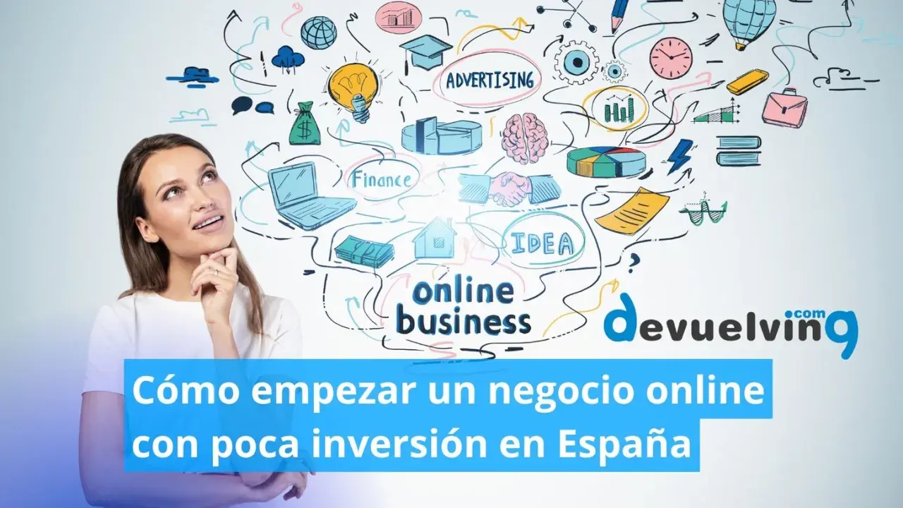 Mujer pensando en cómo montar un negocio online sin dinero. Ilustración de ideas, finanzas y éxito.