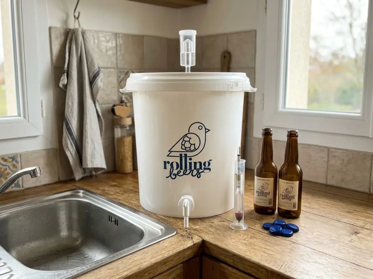 Kit pour la fabrication bière artisanale : cuve de fermentation, densimètre, bouteilles et capsules.