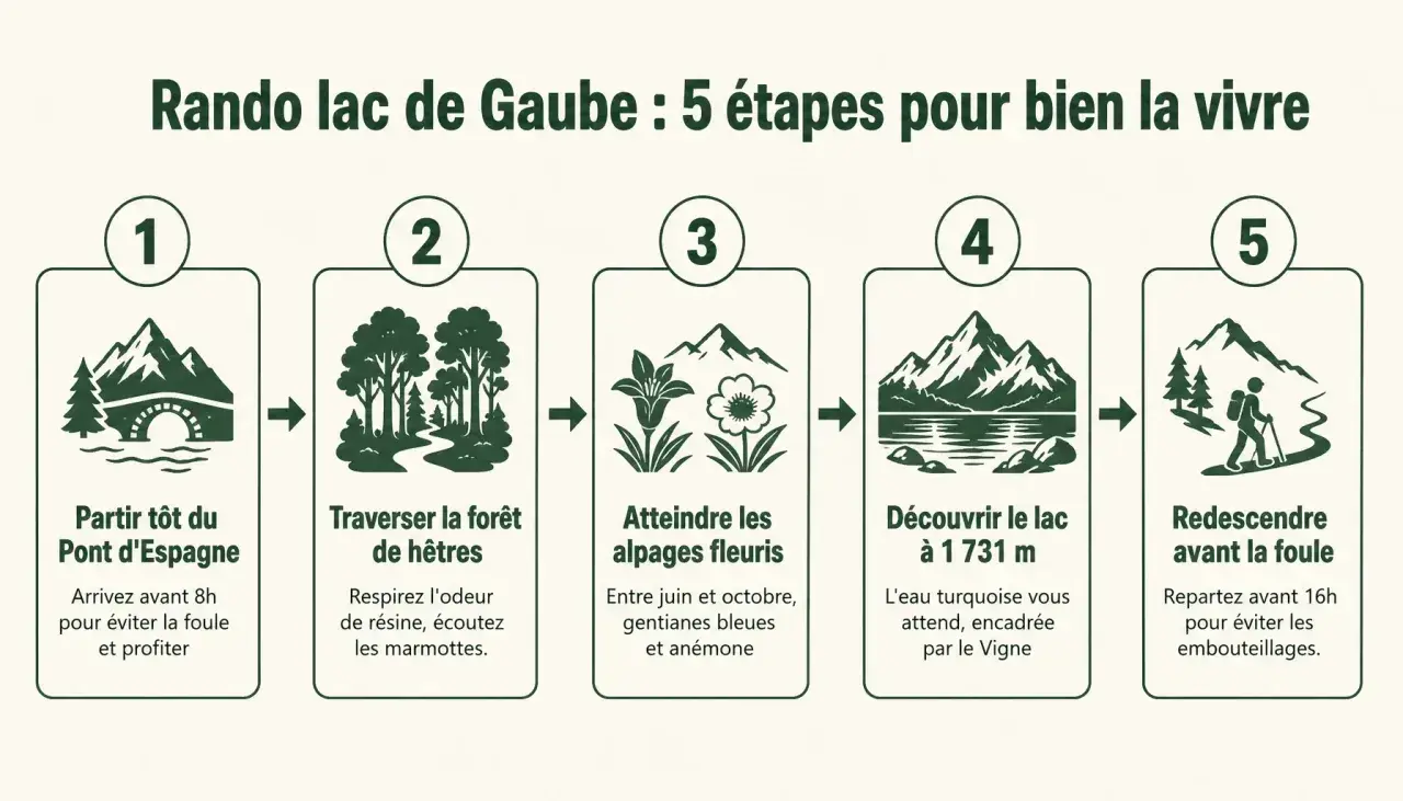Rando lac de Gaube : 5 étapes pour bien la vivre. De Pont d'Espagne à la découverte du lac, en passant par la forêt et les alpages fleuris.