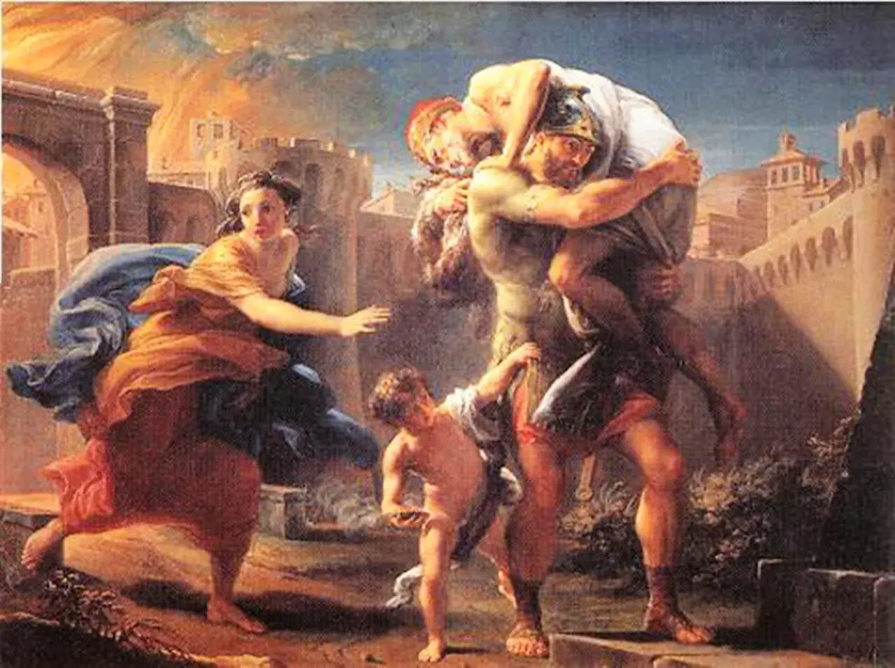 Enea, principe troiano che tradì la patria, fugge da Troia in fiamme portando il padre Anchise e il figlio Ascanio, mentre Creusa lo segue.