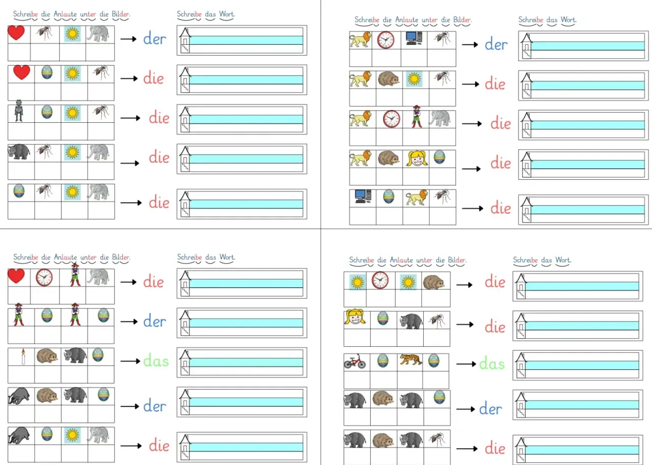 Arbeitsblatt zum Anlaute erkennen: Bilderreihen mit Herz, Ameise, Elefant, Uhr, Computer, Igel, Mädchen, Fahrrad, Kerze, Nashorn, Tiger, Ei. Kinder schreiben die Anlaute.