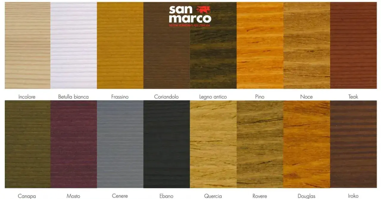Tabella colori legno naturali: campioni di diverse tonalità, dall'incolore al Teak, passando per tonalità come Quercia e Ebano.