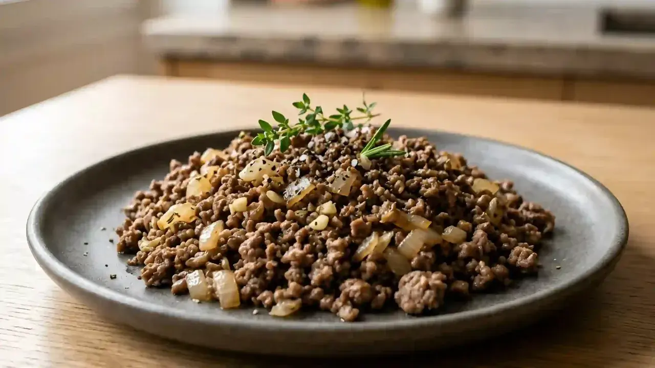 Viande hachée recette simple, garnie d'oignons et d'herbes fraîches, sur une assiette grise. Un plat savoureux et facile à préparer.