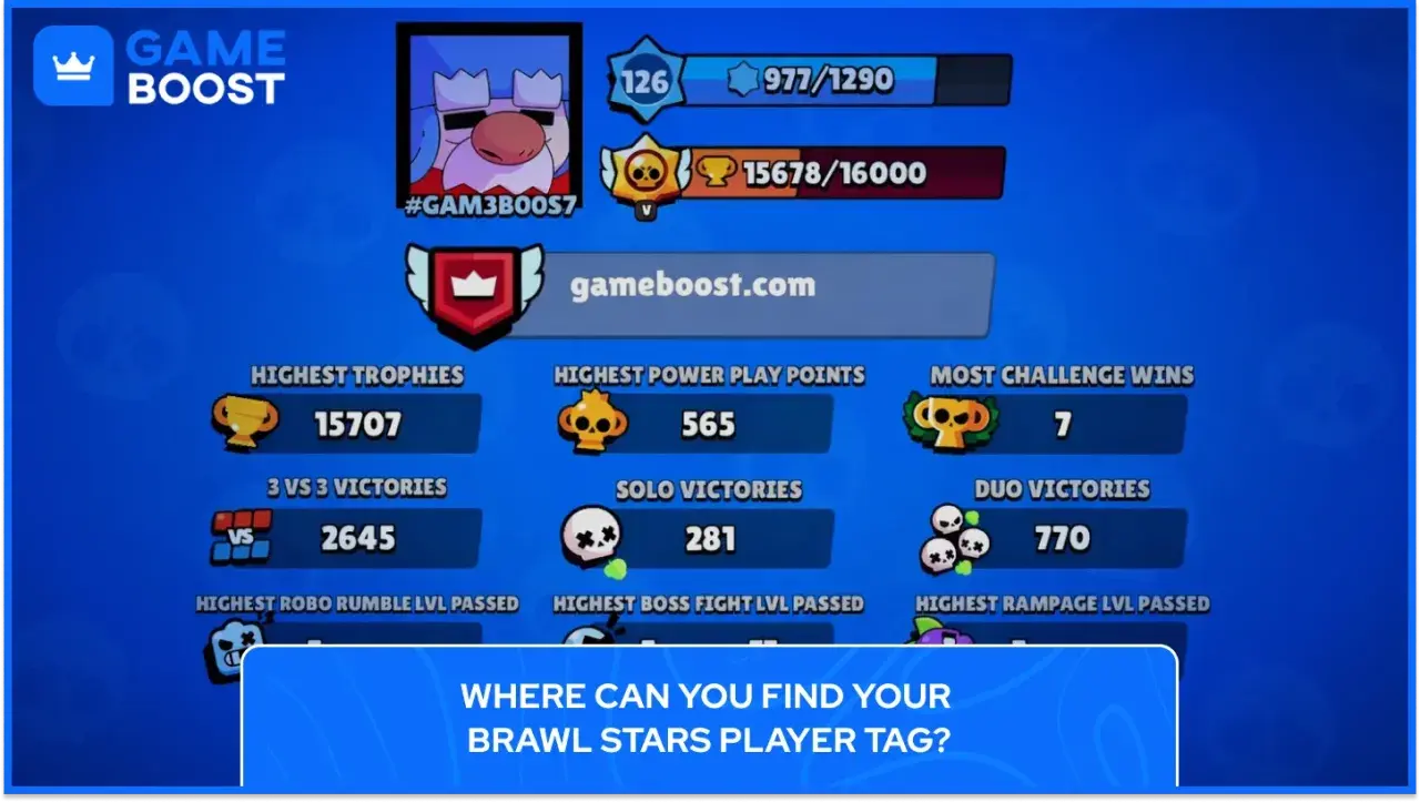 Statystyki gracza w Brawl Stars: 15707 trofeów, 2645 zwycięstw 3v3, 281 zwycięstw solo.