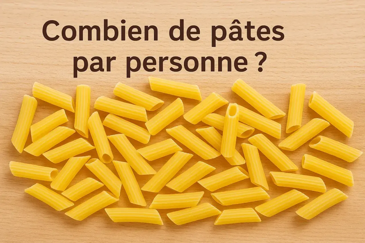 Pâtes penne sur fond de bois, avec la question "Combien de grammes de pâtes par personne ?" écrite en gros caractères.