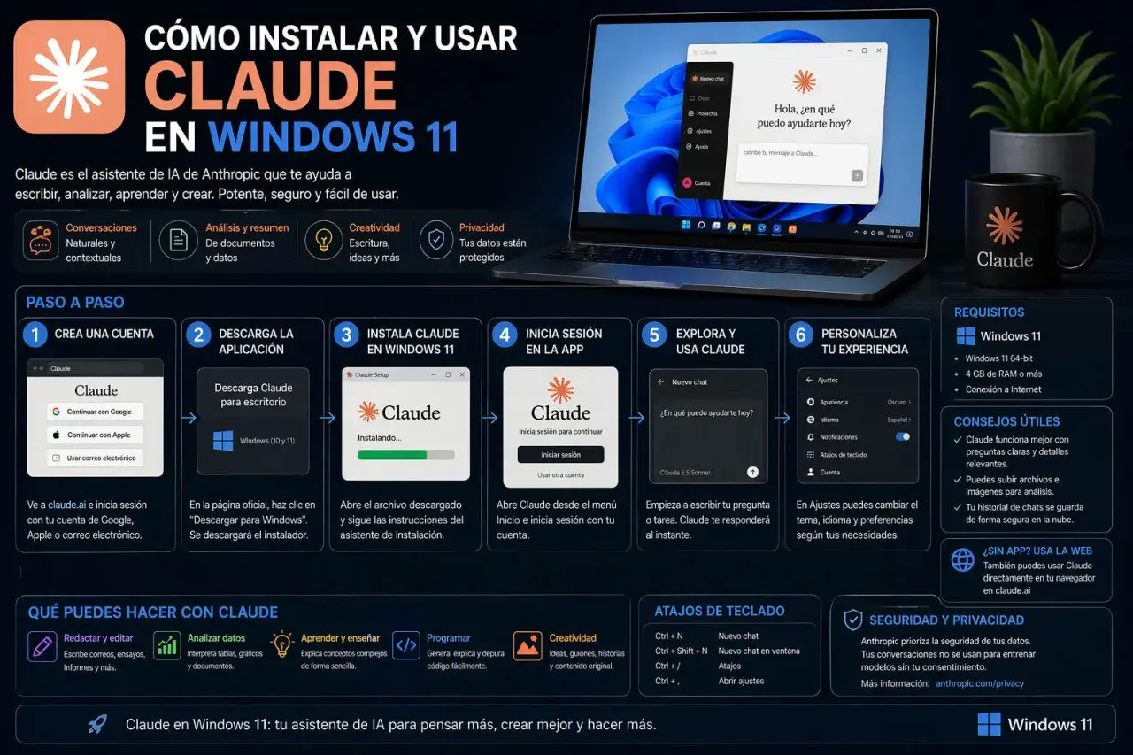 Guía para instalar Claude en Windows 11: crea cuenta, descarga app, instala, inicia sesión y personaliza tu experiencia.