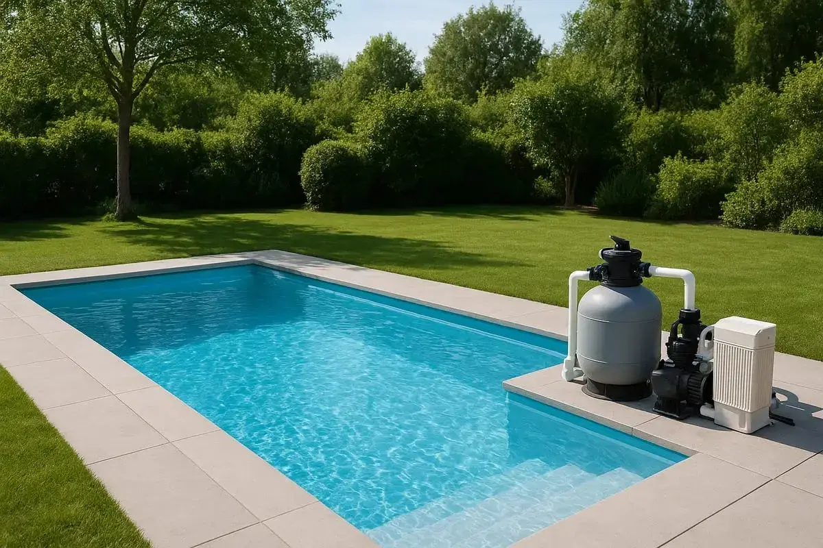 En pool med klart blått vatten och en pumpanläggning. Nackdelar med saltvattenpool kan vara korrosion på utrustning.