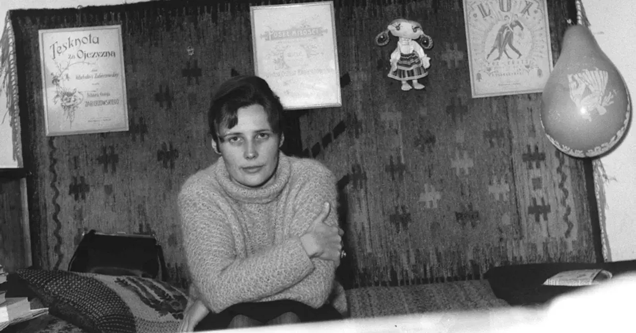 Młoda kobieta w swetrze siedzi na tle gobelinu. Na ścianie wiszą dyplomy i lalka. Czy to Agnieszka Osiecka, której prawdziwe nazwisko brzmi...