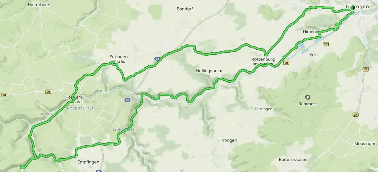 Radweg-Karte mit dem wasserschloss glatt rundweg, der sich durch Täler und über Hügel schlängelt, vorbei an Orten wie Rottenburg und Tübingen.