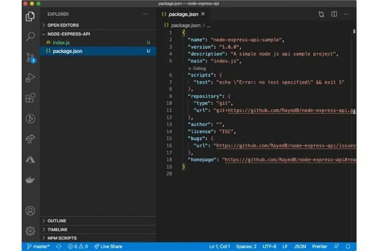 Configuration du projet pour créer un projet Node.js avec Express. Le fichier `package.json` liste les dépendances et scripts.