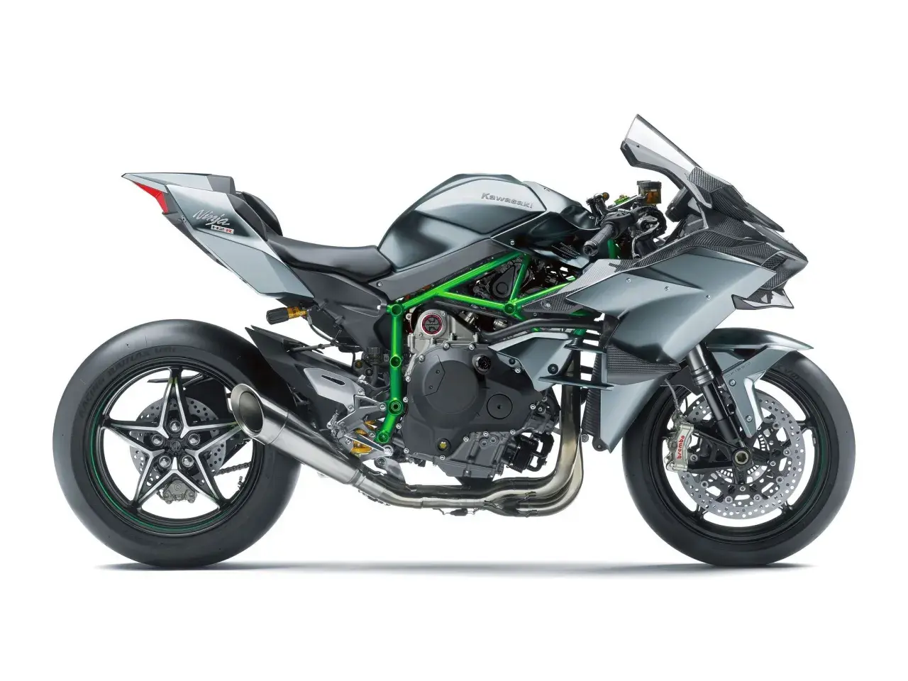 Szary motocykl Kawasaki Ninja H2R z zieloną ramą na białym tle.