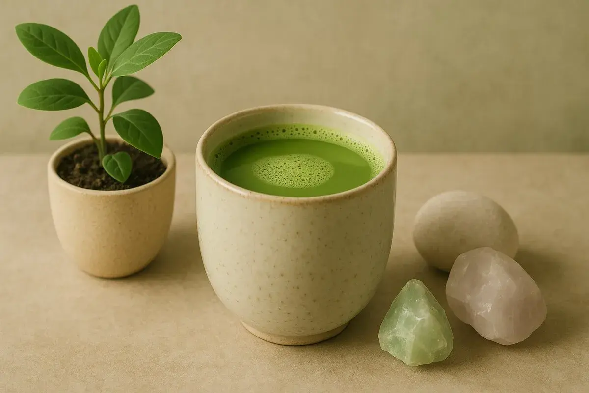 Grüner Matcha-Tee in einer Keramikschale, daneben ein kleiner grüner Spross und Kristalle. Die Matcha Tee Wirkung auf Hormone wird oft diskutiert.