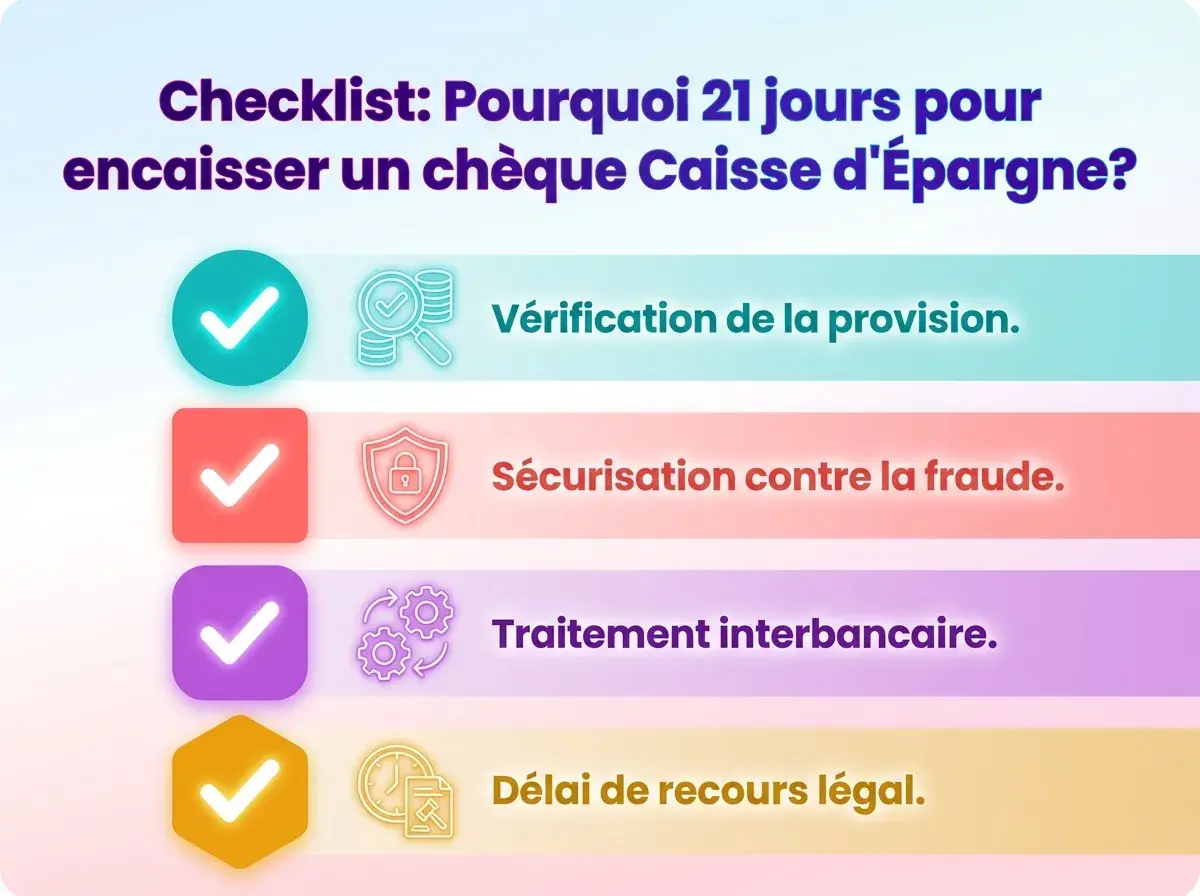 Checklist expliquant pourquoi il faut 21 jours pour encaisser un chèque Caisse d'Épargne : vérification, sécurisation, traitement interbancaire et délai légal.