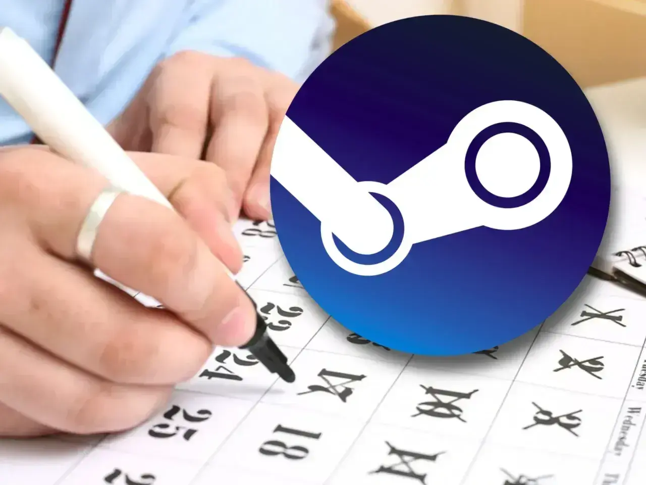 Ręka z markerem zaznacza daty na kalendarzu, obok logo Steam. Czy da się wypłacić pieniądze ze Steam? Czas pokaże.