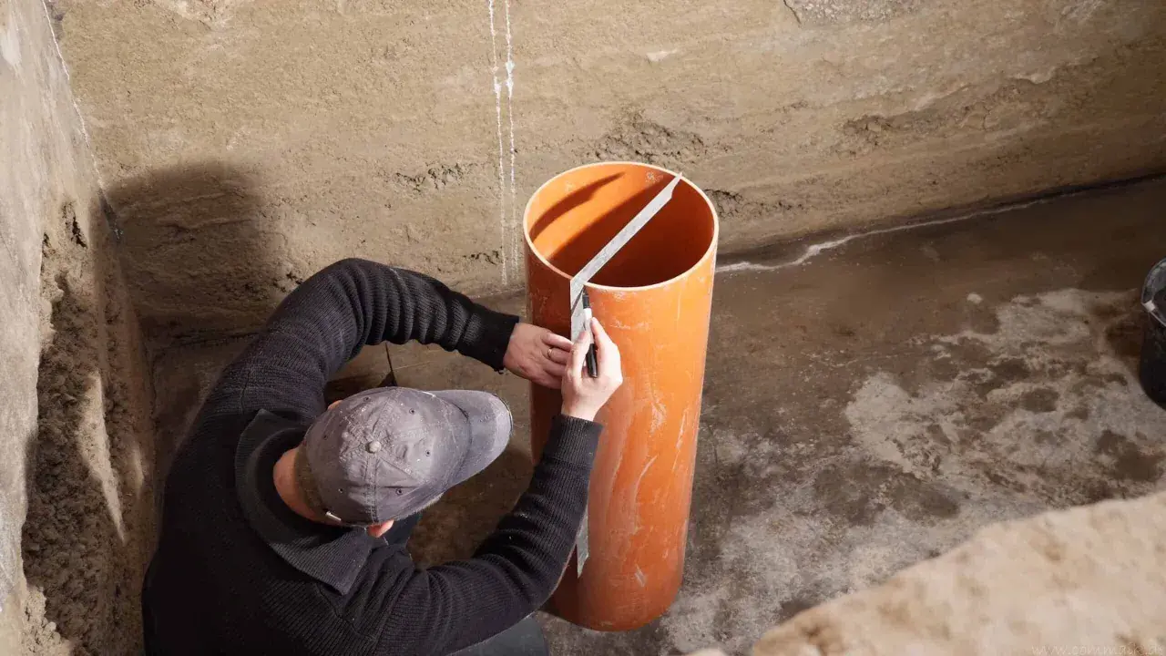 Mann markiert Rohr für Pumpensumpf im Keller.
