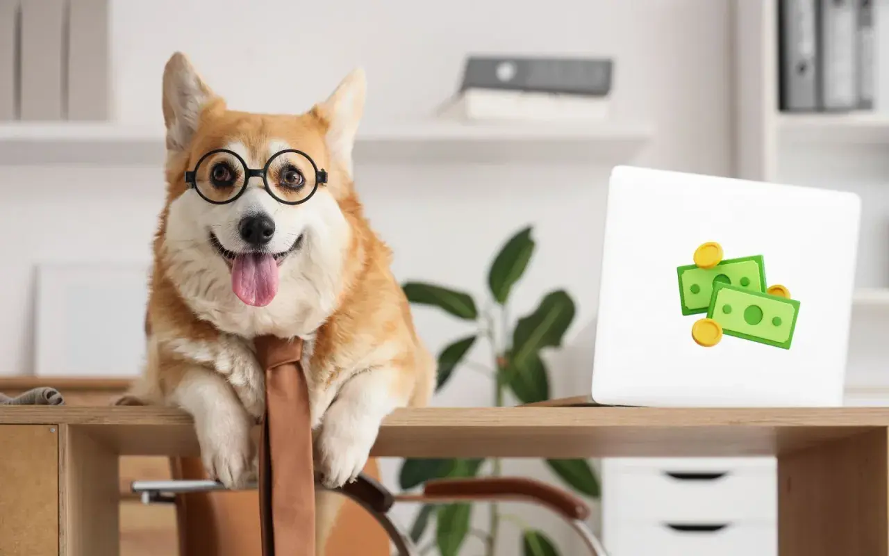 En glad hund på kontoret med glasögon och slips. Bredvid en laptop med penga-symboler.