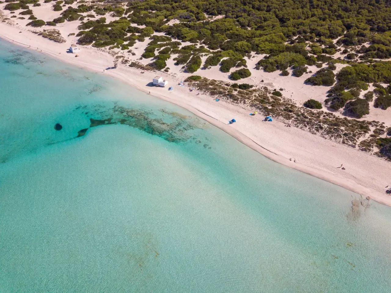 Widok z lotu ptaka na plażę Es Trenc z turkusową wodą i zielonym lasem piniowym w tle.