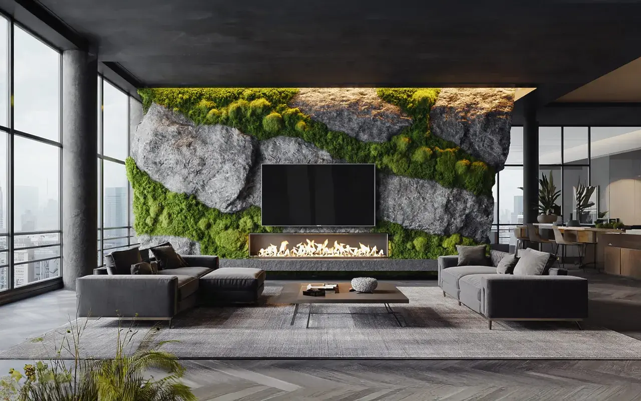 Moderne wohnzimmer wandgestaltung mit Stein und Moos, Kamin und Fernseher. Ein luxuriöses Ambiente mit Blick auf die Stadt.