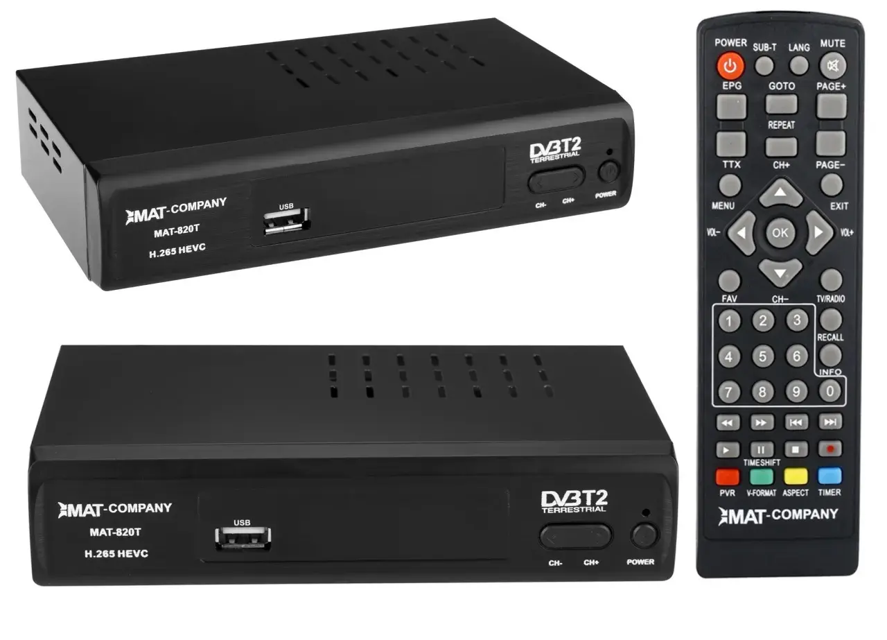 Dwa dekodery DVB-T2 MAT-820T z obsługą HEVC i pilot.