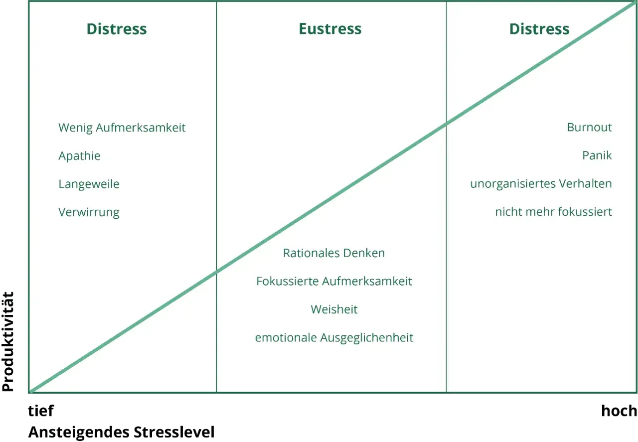 Diagramm zeigt, wie sich Produktivität bei steigendem Stresslevel verändert: Eustress fördert Fokus, während Distress zu Apathie oder Panik führt.