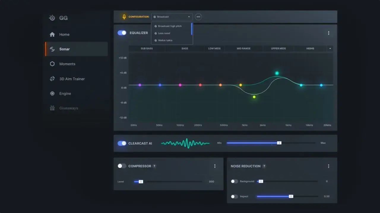 SteelSeries Sonar: Equalizer-Kurve mit verschiedenen Frequenzbändern, Clearcast AI, Kompressor und Rauschunterdrückung.