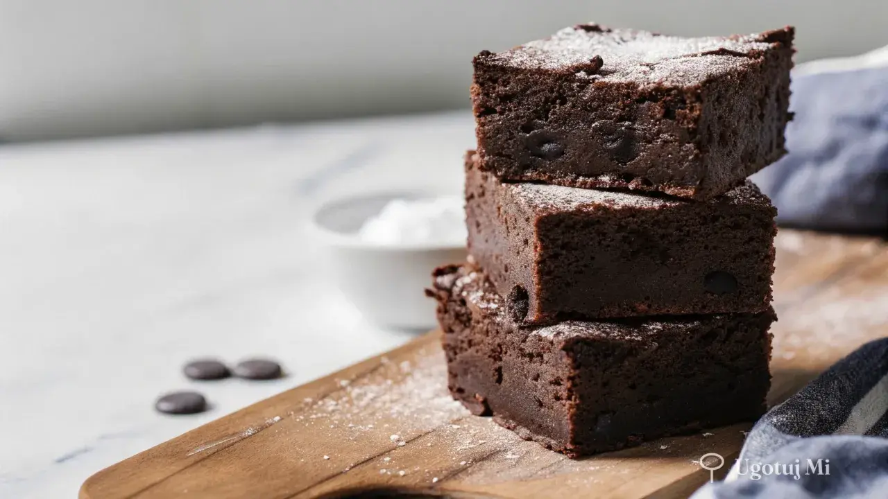 Pyszne, wilgotne brownie z kawałkami czekolady, posypane cukrem pudrem. Idealne na deser według prostego brownie przepisu.