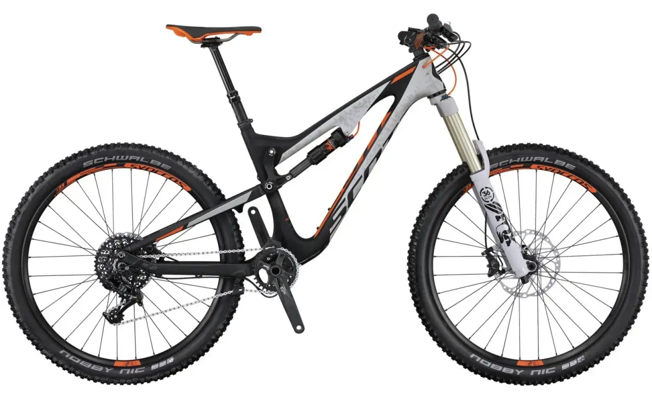 The 2016 Scott Genius mountain bike, ready for any trail with its full suspension and rugged tires.