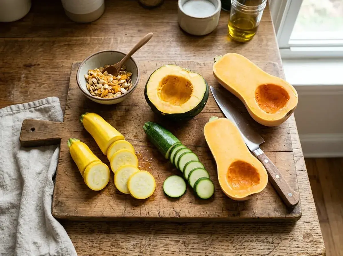 Preparing a healthy meal. Curious if dogs eat squash? This image shows butternut squash, zucchini, and yellow squash, all safe for pups in moderation.