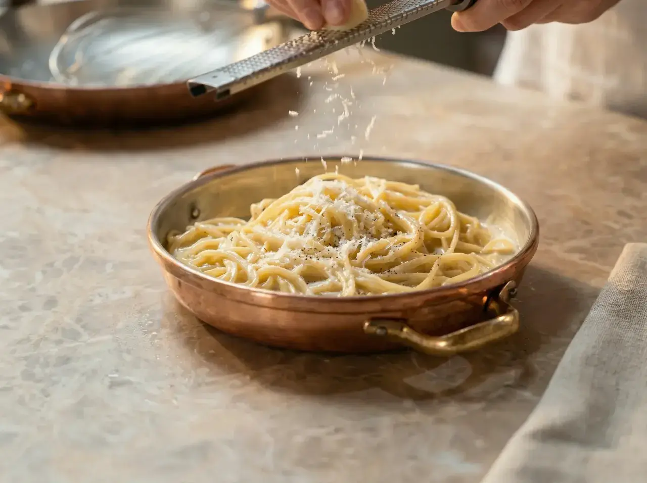Spaghetti mit cremiger Käsesauce und frisch geriebenem Parmesan. Ein köstliches Cacio e Pepe, das zum Genießen einlädt.