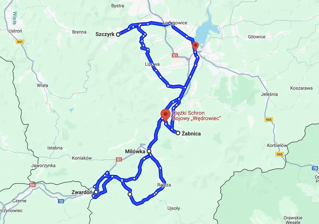 Trasy motocyklowe Małopolska: malownicza pętla przez Szczyrk, Żabnicę i Zwardoń, z zaznaczonym schronem bojowym.