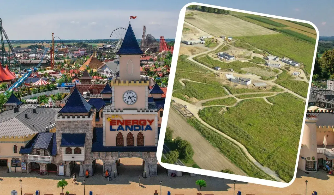 Energylandia: od budowy do zabawy. Widać plac budowy i gotowy park rozrywki, który powstał w 2014 roku.