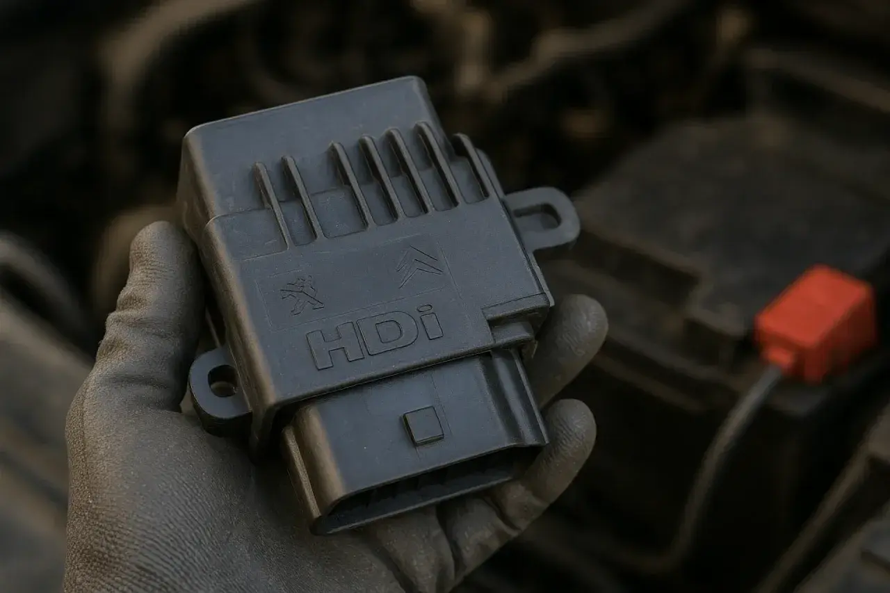 Ręka w rękawiczce trzyma czarny moduł sterujący silnika HDI z logo Citroëna i Peugeota.