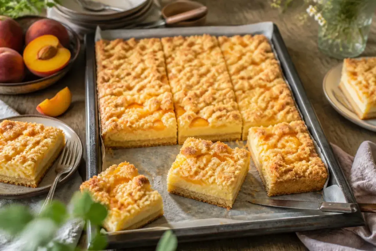 Saftiger Pfirsich Streuselkuchen auf einem Blech, mit frischen Pfirsichen und goldbraunen Streuseln. Ein Stück auf einem Teller daneben.