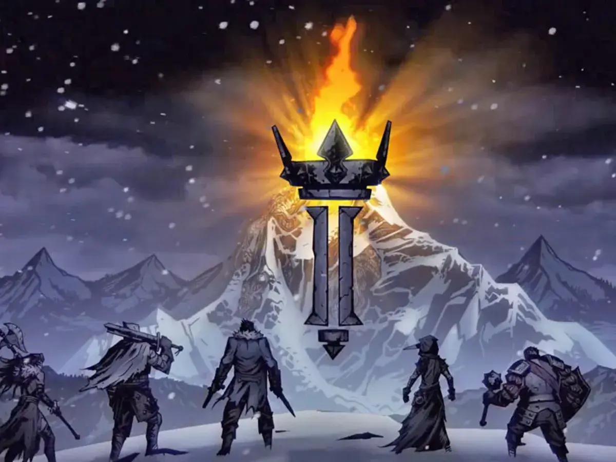 Drużyna bohaterów wyrusza ku płomieniom na szczycie góry w grze Darkest Dungeon II.