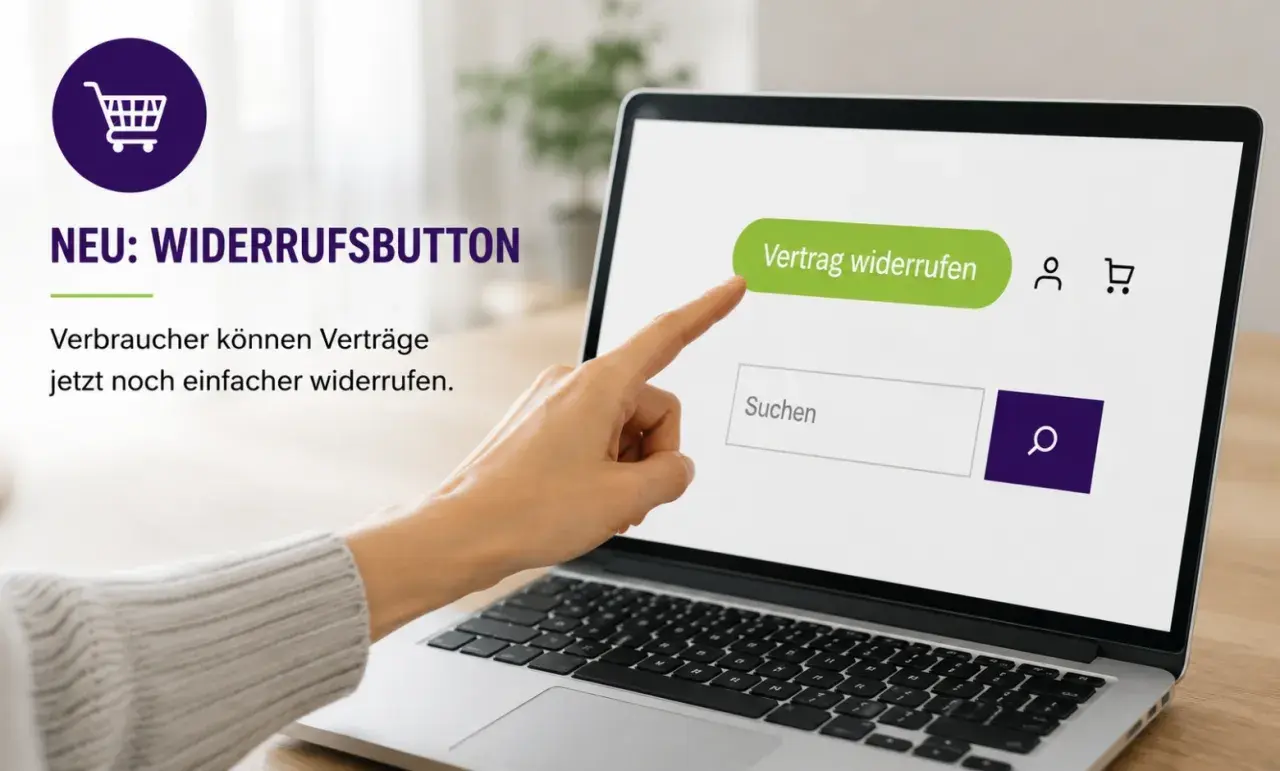 Ein Finger tippt auf den grünen "Vertrag widerrufen"-Button. Der neue Widerrufsbutton macht es Verbrauchern 2026 einfacher, Verträge zu stornieren.