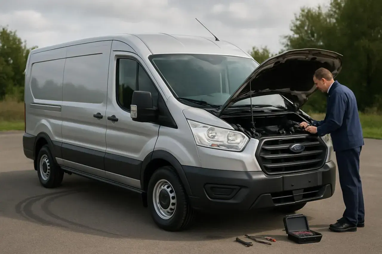 Un mécanicien vérifie le moteur d'un Ford Transit 2.0 TDCI 170 ch, symbolisant sa fiabilité. Outils et boîte à outils à proximité.