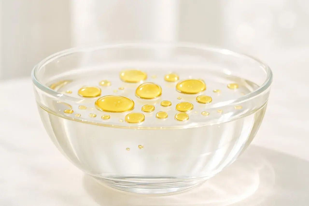 Gocce dorate di olio feci che galleggiano sulla superficie di un liquido trasparente in una ciotola di vetro.