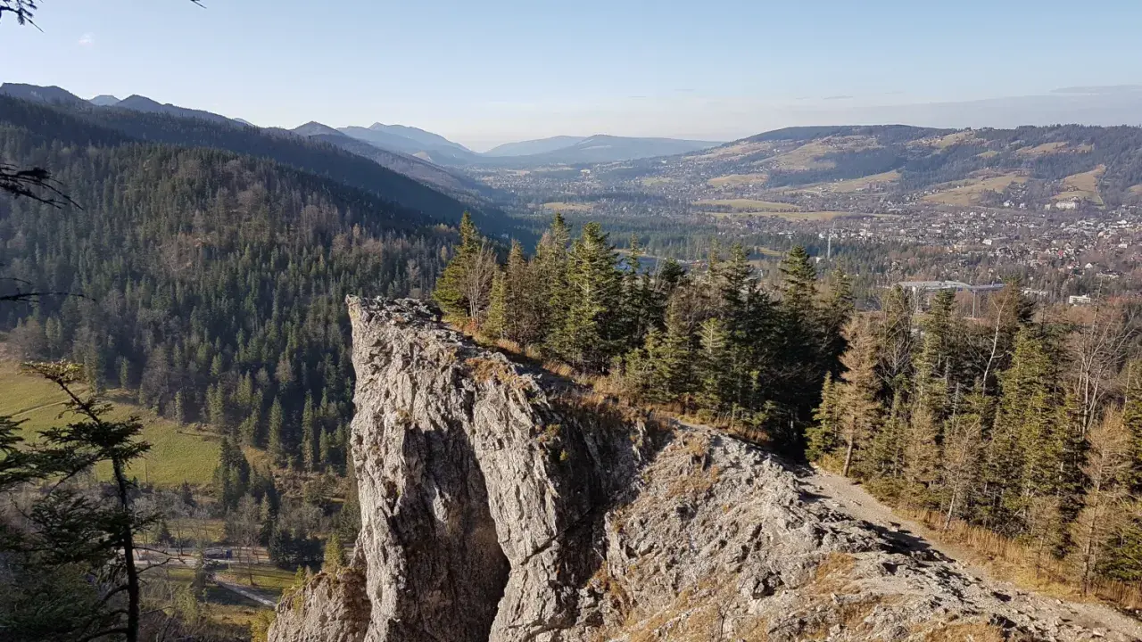 Widok z urwiska na Tatry i Zakopane. Ścieżka prowadzi przez las, pokazując, jak dojść na Nosal z Zakopanego.