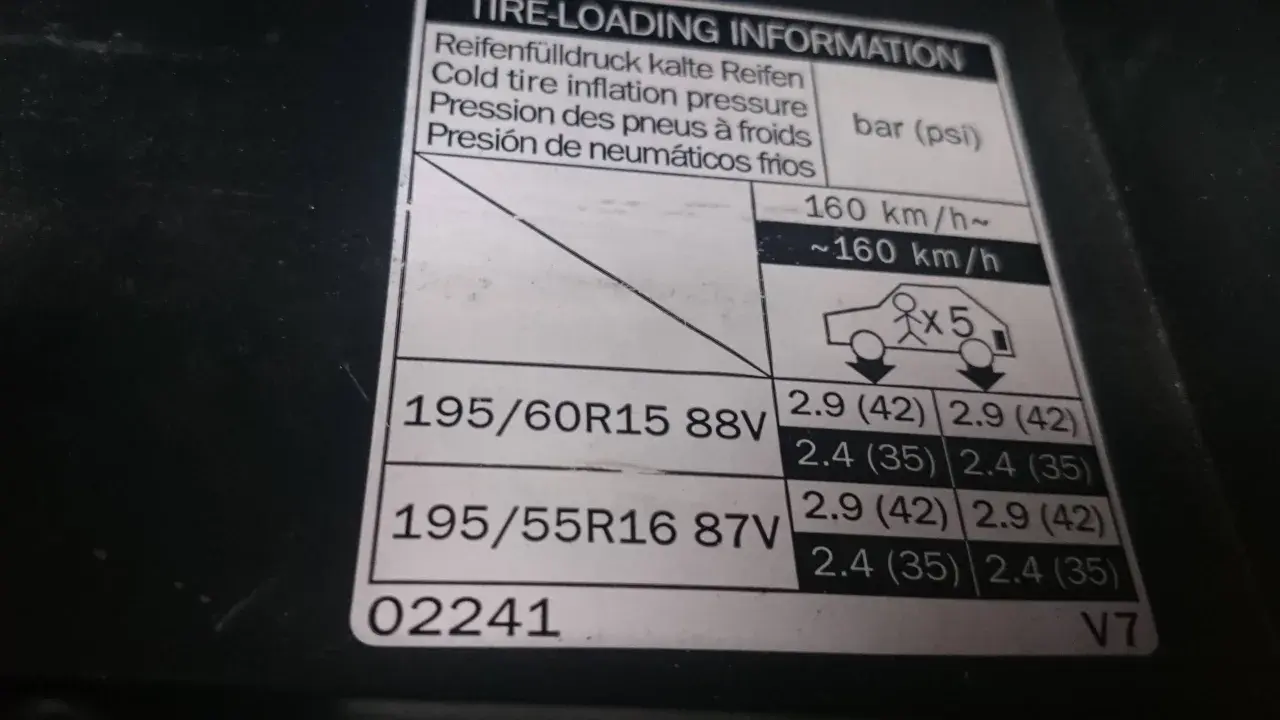 Etiqueta de información de presion ruedas Toyota Auris. Indica presiones para neumáticos 195/60R15 y 195/55R16.