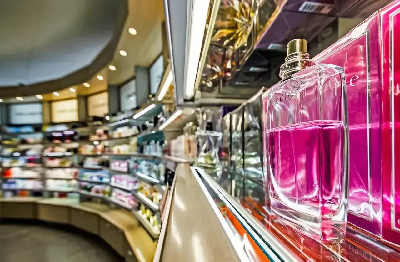 Elegancka butelka różowych perfum na półce sklepowej. Klik i pachniesz opinie o tym zapachu są zachęcające.