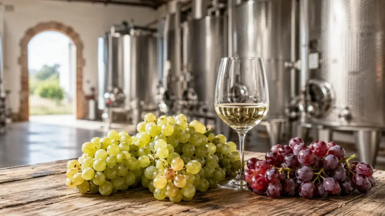 Uva bianca e rossa su un tavolo di legno, con un bicchiere di vino bianco e grandi serbatoi di acciaio inossidabile sullo sfondo, evocano il processo di vinificazione in bianco.