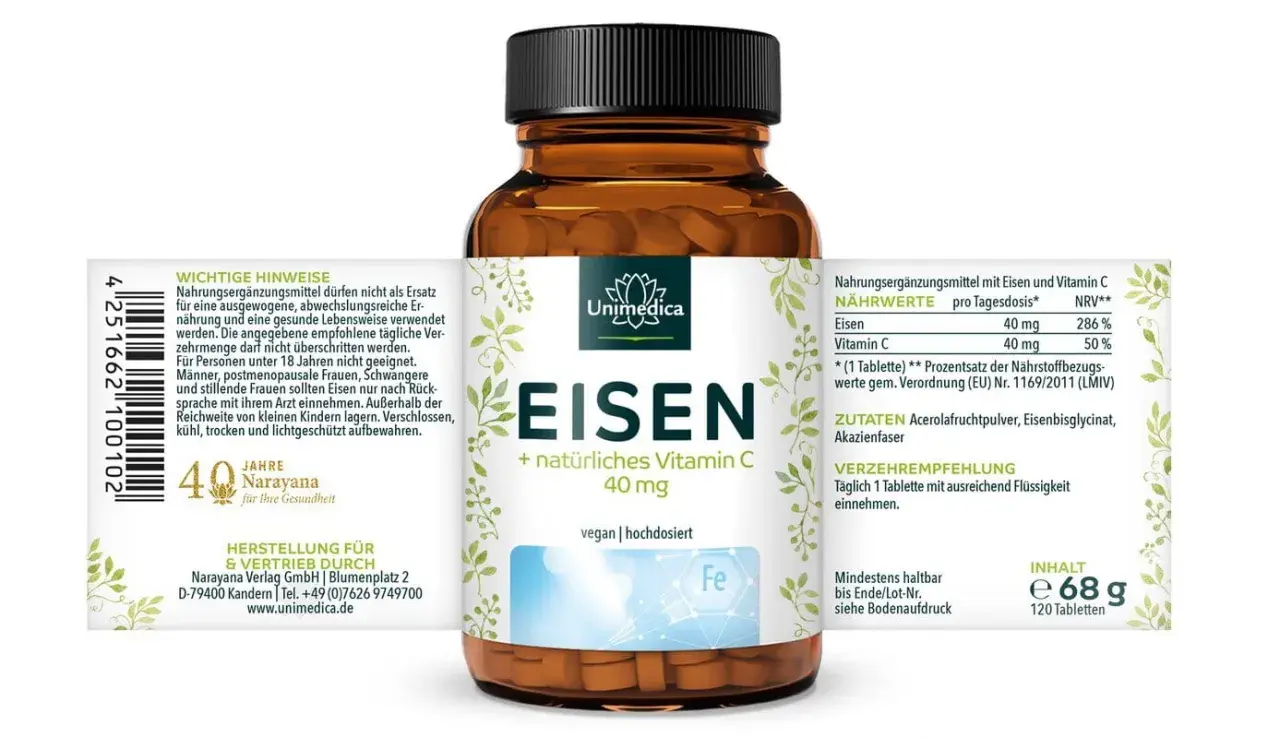 Flasche mit Eisen-Nahrungsergänzungsmittel. Zutatenliste nennt Eisenbisglycinat. Mögliche eisenbisglycinat nebenwirkungen sind nicht aufgeführt.
