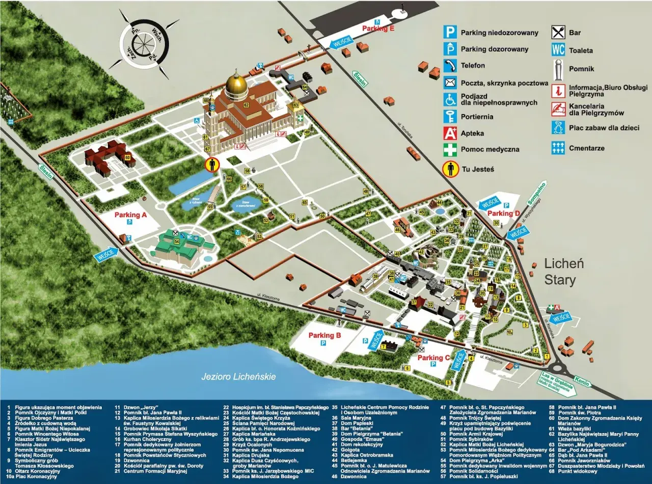 Mapa Sanktuarium w Licheniu. Widać parkingi, bazylikę, jezioro i liczne obiekty pielgrzymkowe. Licheń parking cena nie jest podana.