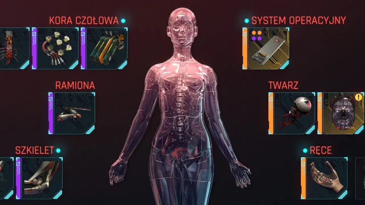 Przezroczysta, mechaniczna dziewczyna cyberpunk z widocznymi częściami: kora czołowa, ramiona, szkielet, twarz i ręce.